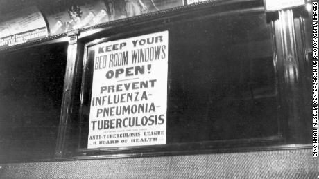 An influenza warning notice by the Anti-Tuberculosis League, displays inside public transportation sometime between 1918 and 1920.