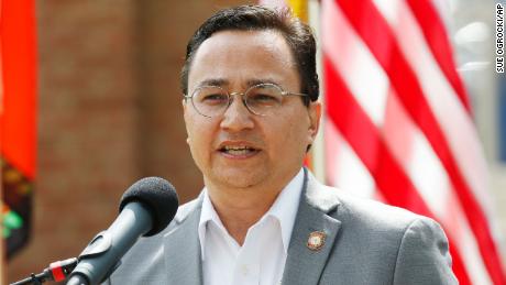 Cherokee Nation Principal Chief Chuck Hoskin Jr. speaks during a news conference in Tahlequah, Oklahoma, on August 22, 2019.