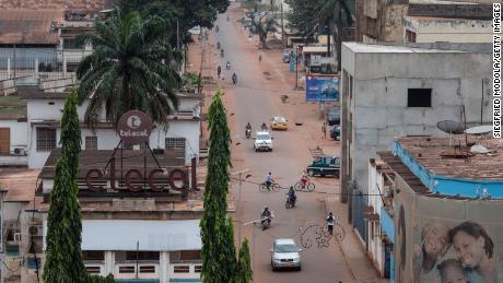 A view of daily life on a street in Bangui, Central African Republic in March 2021.
