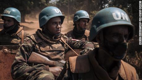 Moroccan peacekeepers from MINUSCA, the UN mission in the Central African Republic, patrol in the town of Bangassou on February 3, 2021.