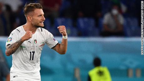 Ciro Immobile celebrates after scoring Italy&#39;s second goal against Turkey.
