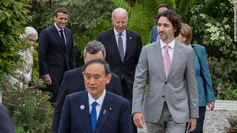 German Chancellor Angela Merkel, French President Emmanuel Macron, Japanese Prime Minister Yoshihide Suga, Queen Elizabeth II, Canadian Prime Minister Justin Trudeau, Italian Prime Minister Mario Draghi,and United States President Joe Biden were at the G7 Summit on June 11 in St Austell, Cornwall, England.