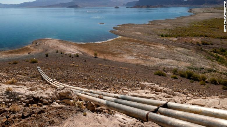 Pipes from an abandoned water intake tower are shown at Lake Mead on June 12, 2021.