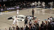 Jeff Green celebrates Durant's three against the Bucks.