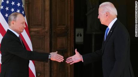 Russian President Vladimir Putin, left, and U.S President Joe Biden shake hands during their meeting at the &#39;Villa la Grange&#39; in Geneva, Switzerland in Geneva, Switzerland, Wednesday, June 16, 2021. 