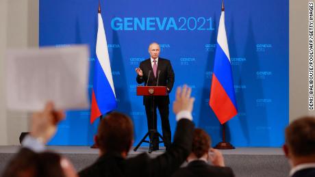 Russia&#39;s President Vladimir Putin holds a press conference after meeting with US President at the &#39;Villa la Grange&#39; in Geneva on June 16, 2021. 