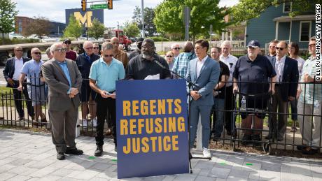Jon Vaughn, former University of Michigan and former NFL football player, speaks at a news conference on the University of Michigan campus on June 16, 2021, in Ann Arbor, Michigan. 