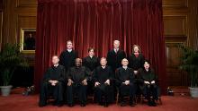 Seated from left: Associate Justice Samuel Alito, Associate Justice Clarence Thomas, Chief Justice John Roberts, Associate Justice Stephen Breyer and Associate Justice Sonia Sotomayor, standing from left: Associate Justice Brett Kavanaugh, Associate Justice Elena Kagan, Associate Justice Neil Gorsuch and Associate Justice Amy Coney Barrett pose during a group photo of the Justices at the Supreme Court in Washington, DC on April 23, 2021. (Photo by Erin Schaff / POOL / AFP) (Photo by ERIN SCHAFF/POOL/AFP via Getty Images)