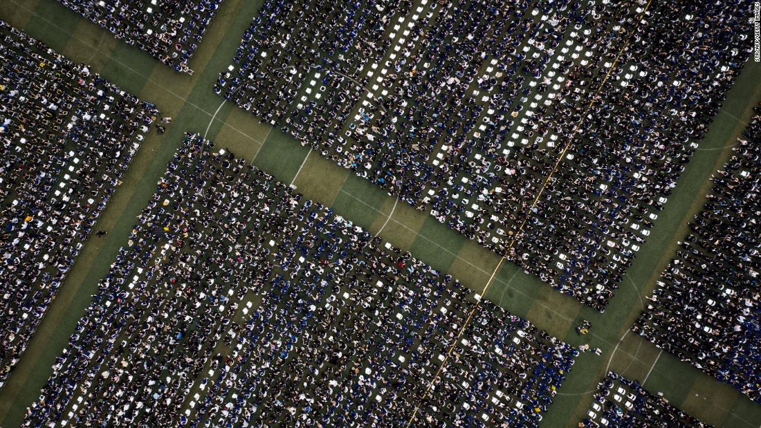 This aerial photo, taken on Sunday, June 13, shows a graduation ceremony at Central China Normal University. The ceremony in Wuhan, China, also included graduates who could not attend last year because of the Covid-19 pandemic.