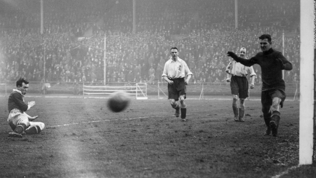 31 March 1928:  Scottish footballer Gallacher shoots during a match between England and Scotland. The team was captained by Jimmy McMullan and the Scots won 5-0. 