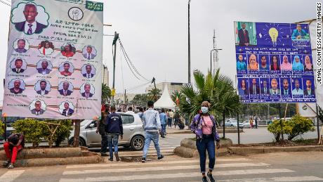 Campaign billboards for the Balderas Party and the Prosperity Party on display in the neighborhood of Piassa on June 14 in Addis Ababa, Ethiopia.