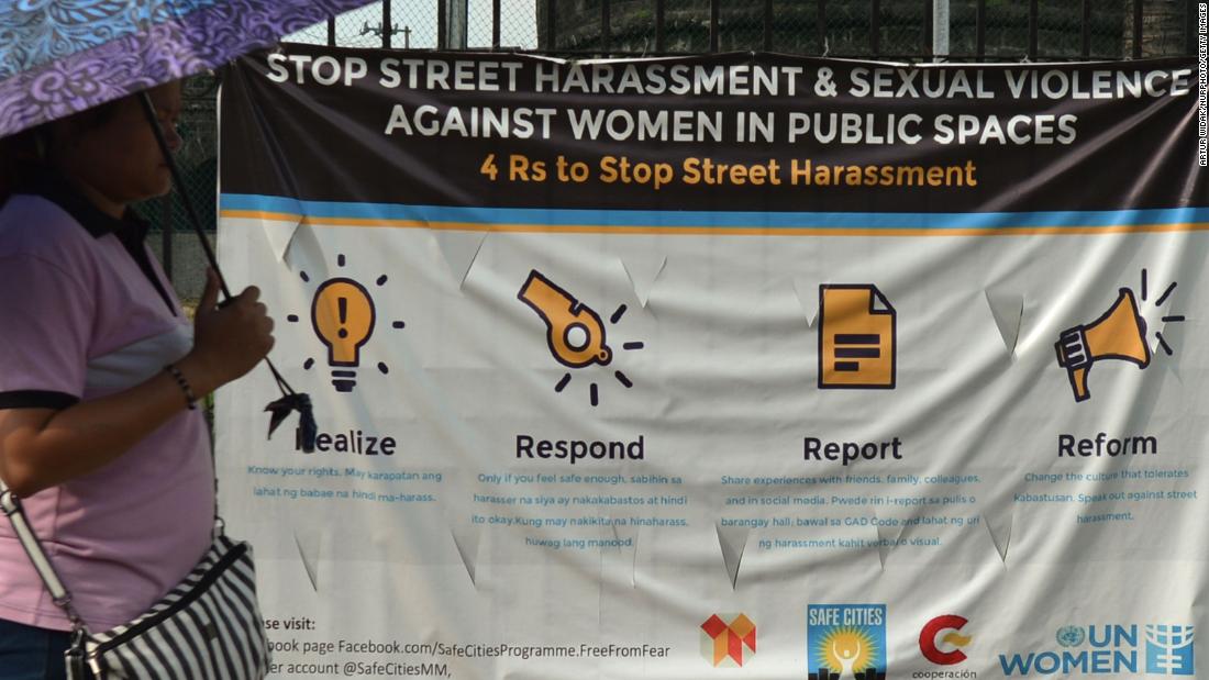 A billboard showing a campaign against street harassment and sexual violence toward women, in Manila, the Philippines, on June 30, 2019.