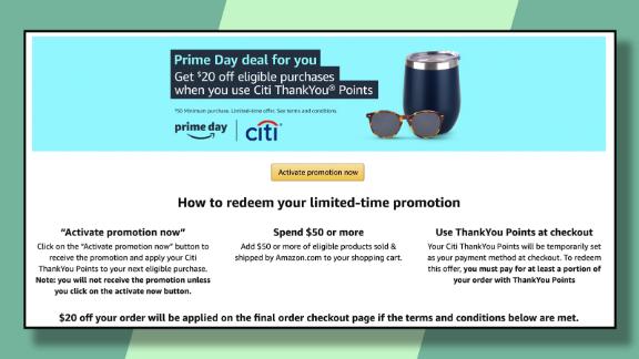 Targeted Citi ThankYou credit card holders can get $20 off at Amazon on a purchase of $50 or more during Prime Day.