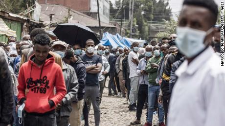 Voters queue outside a polling station in Addis Ababa on June 21.