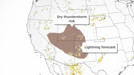 Dry thunderstorm&#39;s are likely Wednesday within the area shaded in brown.