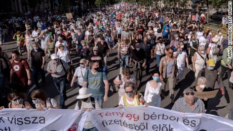 Protesters march in Budapest on June 5 during a demonstration against the planned Fudan University campus.