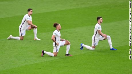 England&#39;s Harry Maguire, Kalvin Phillips and Declan Rice take a knee ahead of Tuesday&#39;s match. 