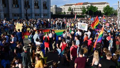 A protest for LGBTQ rights takes place in front of the Hungarian Parliament in Budapest on June 14, 2021.