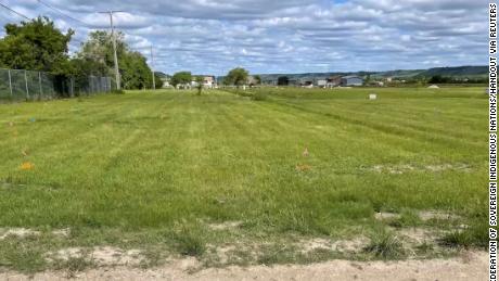 A field near the former Marieval Indian Residential School, where the Cowessess First Nation says they found the unmarked graves of hundreds of people.