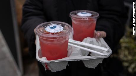 Cocktails are for sale to go at Dudley&#39;s bar and restaurant in Manhattan.