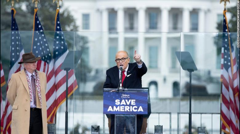 President Donald Trump's personal lawyer Rudy Giuliani speaks to supporters from The Ellipse near the White House on January 6, 2021.