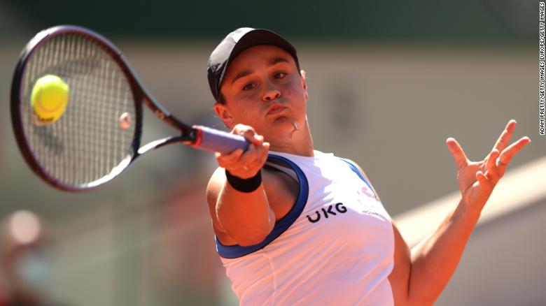 Ashleigh Barty of Australia plays a forehand in their ladies first round match against Bernarda Pera of The United States during day three of the 2021 French Open at Roland Garros on June 01, 2021 in Paris, France. 