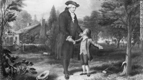 This illustration depicts the story of young George Washington chopping down the cherry tree, a popular tale that emphasizes the importance of honesty.