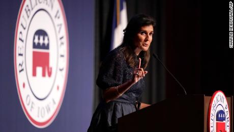 Former Ambassador to the United Nations Nikki Haley speaks during the Iowa Republican Party&#39;s Lincoln Dinner on Thursday, June 24, 2021. 