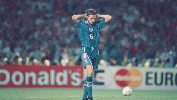 Gareth Southgate reacts after missing his penalty in 1996. 