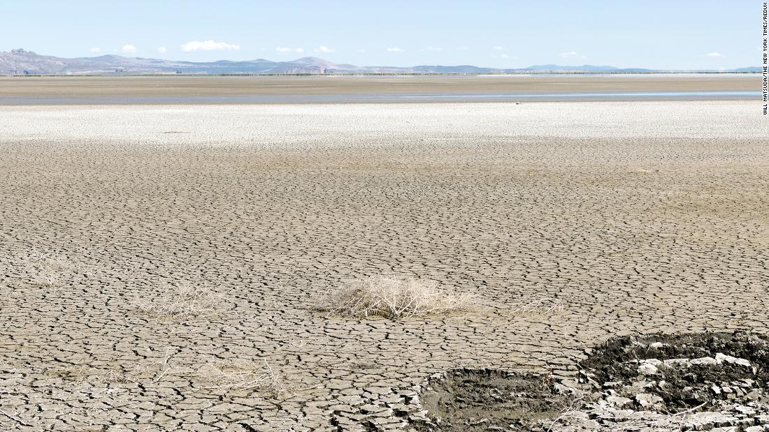 California&#39;s Tule Lake National Wildlife Refuge, near the Oregon border, is seen in May 2021. The area has been severely affected by drought and the lack of irrigation waters from Upper Klamath Lake, which usually feeds into the refuge.