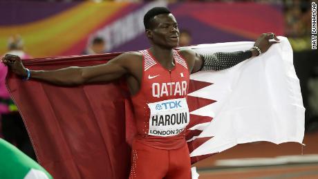 Qatar&#39;s Abdalelah Haroun celebrates after winning the bronze medal in the men&#39;s 400m final at the 2017 World Athletics Championships in London.