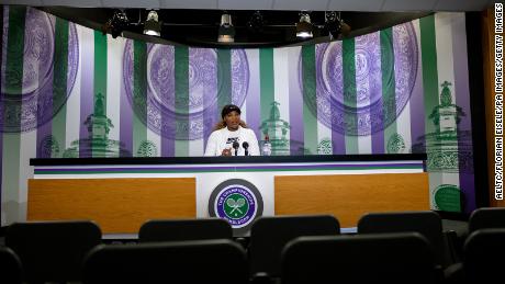 Williams attends a press conference in the main interview room at Wimbledon.