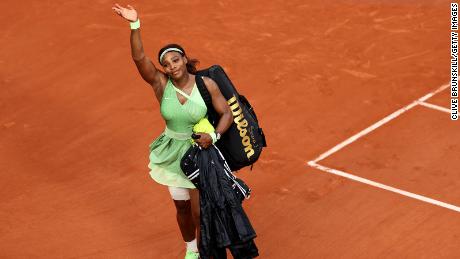 Williams waves goodbye to crowds after defeating Elena Rybakina at the 2021 French Open.