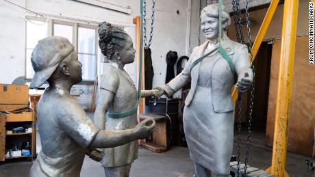 The completed Marian Spencer sculpture, shown here in progress, will be unveiled Sunday night at John G. &amp; Phyllis W. Smale Riverfront Park in Cincinnati, Ohio.