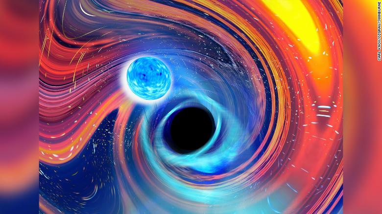 Bu sanatsal görüntü, bir kara delik ve bir nötron yıldızı arasındaki birleşmeden ilham aldı.
