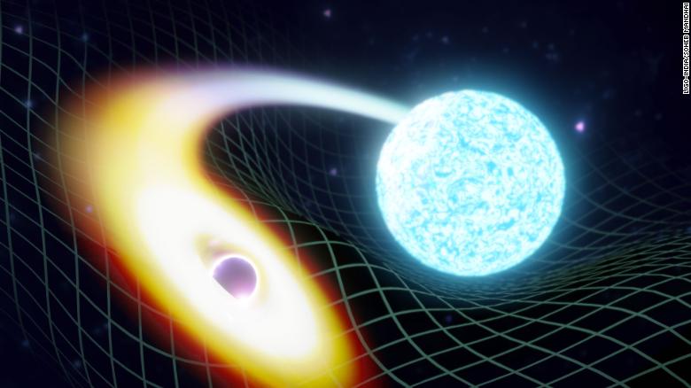 Bu sanatçının yorumu, bir kara delik bir nötron yıldızı ile birleştiğinde neler olabileceğini gösteriyor. 
