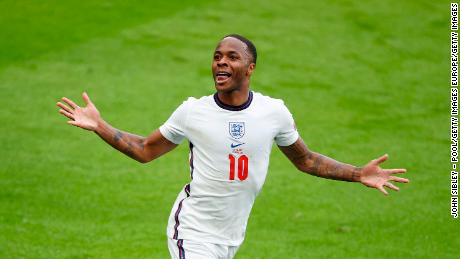 Raheem Sterling of England celebrates after scoring their side&#39;s first goal during the UEFA Euro 2020 Championship Round of 16 match between England and Germany at Wembley Stadium.