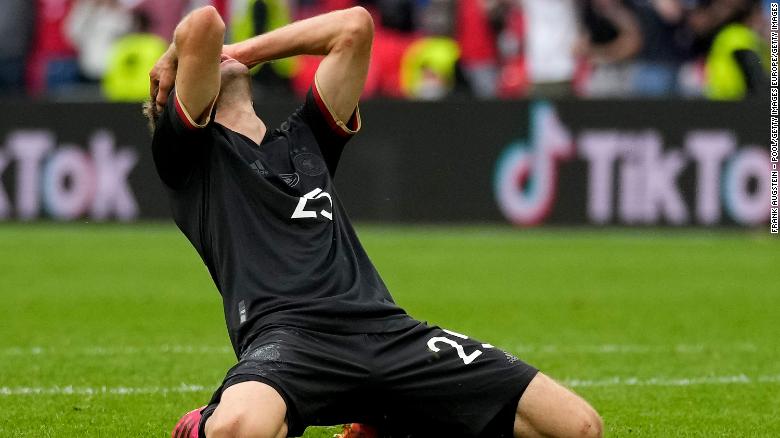 Germany&#39;s Thomas Mueller reacts after a missed chance during the UEFA Euro 2020 Championship Round of 16 match between England and Germany.