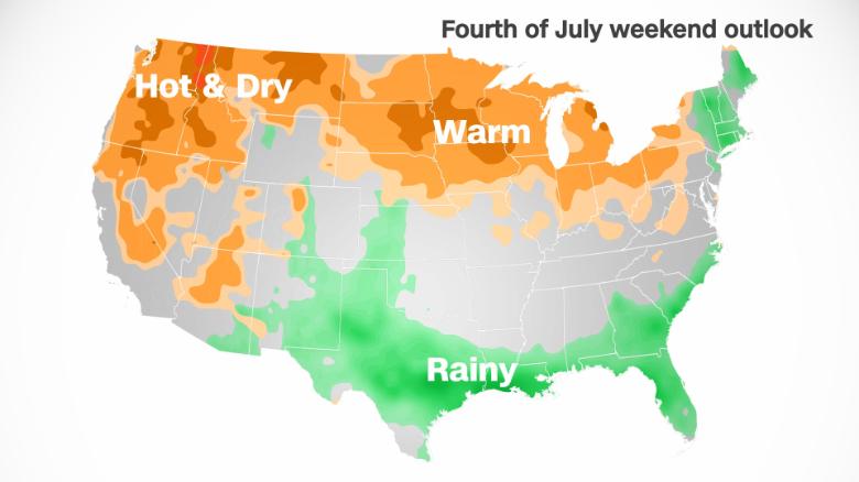A warm Fourth of July is in store for most of the country, but some areas could get soaked