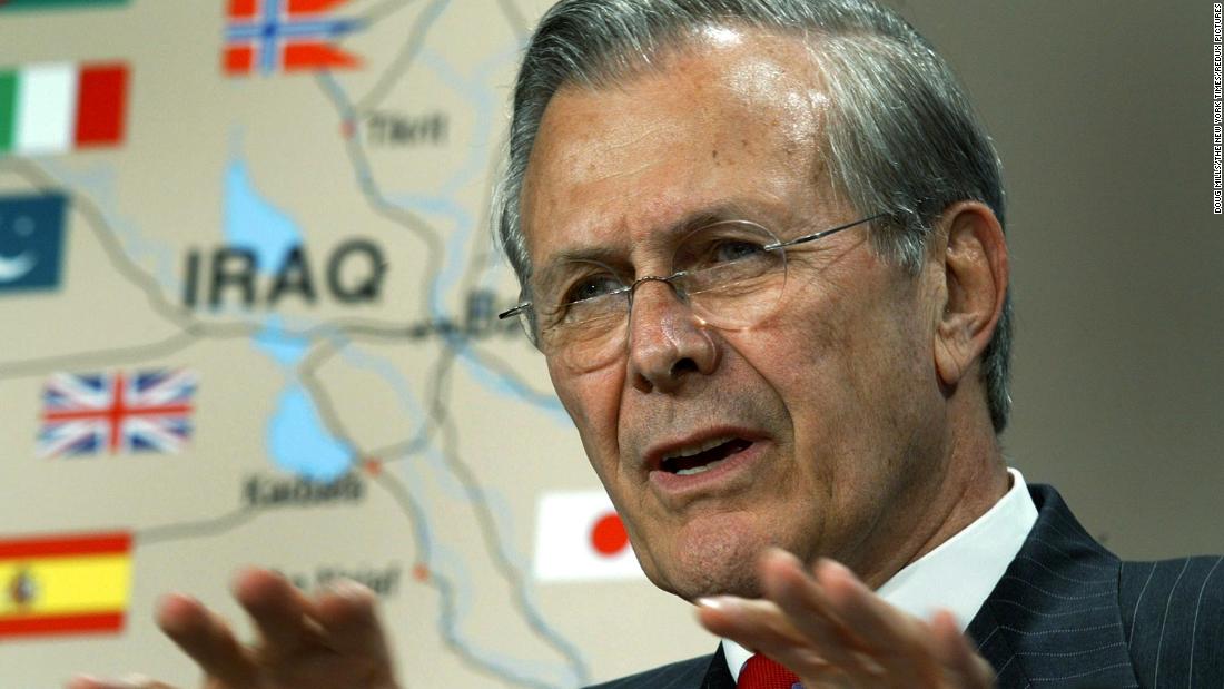 Rumsfeld briefs reporters at the Pentagon in April 2003. The Iraq War began a month earlier.