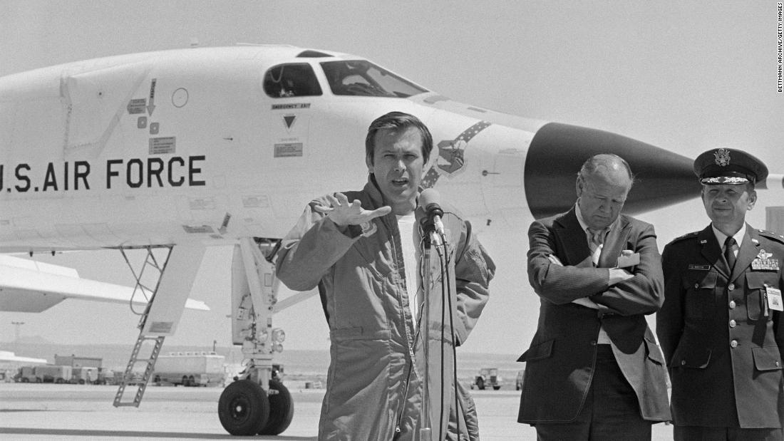 Rumsfeld, speaking at a California Air Force base in April 1976, describes the B-1 bomber he had just personally flew. Before entering politics, Rumsfeld served in the US Navy as a naval aviator and flight instructor.