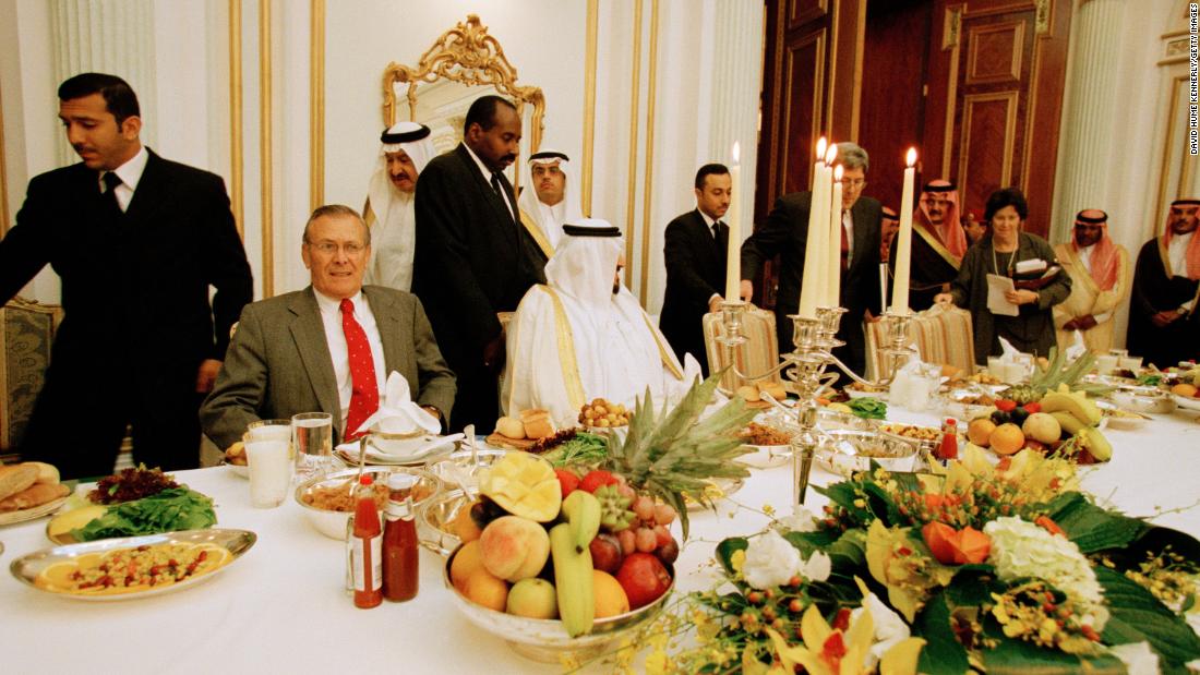 Rumsfeld sits with Saudi Arabian leaders during a visit to Riyadh, Saudi Arabia, in October 2001.