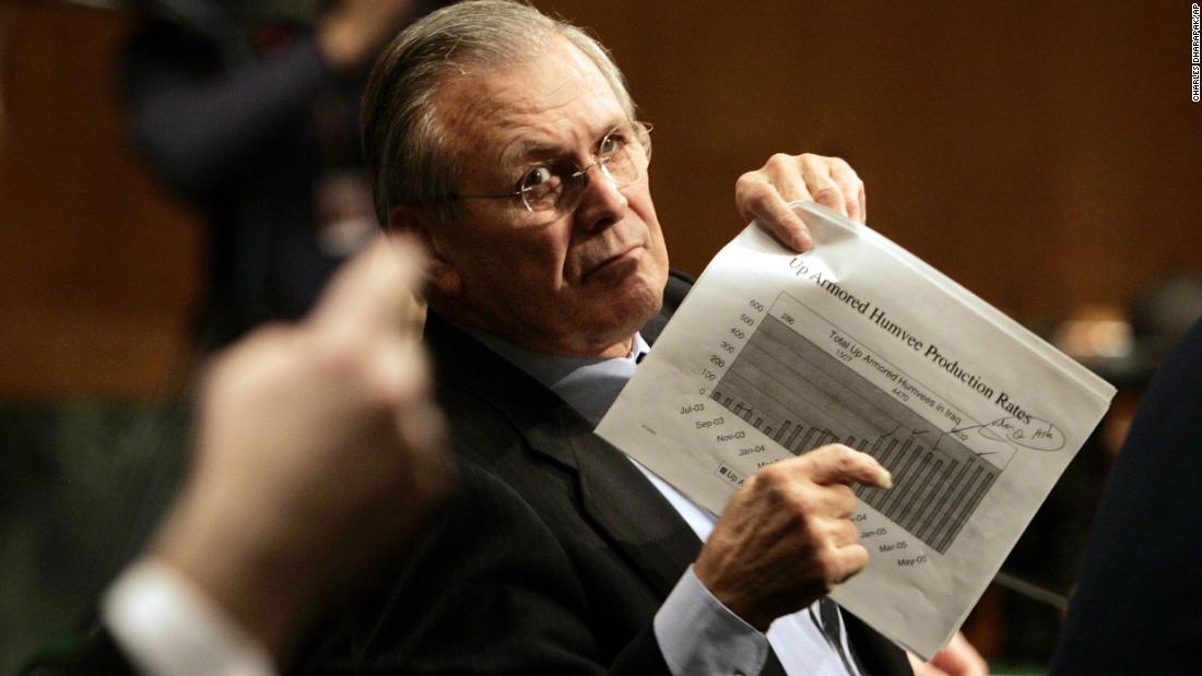 Rumsfeld motions to an aide to display a chart detailing production of armored Humvees as he is questioned during his testimony to the Senate Appropriations Committee in February 2005.