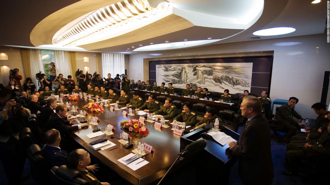 Rumsfeld visits the Academy of Military Science in Beijing in October 2005. He traveled to China for meetings with military and civilian leaders.