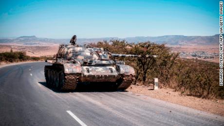 A damaged tank stands on a road north of Mekele, the capital of Ethiopia&#39;s Tigray region, in February.