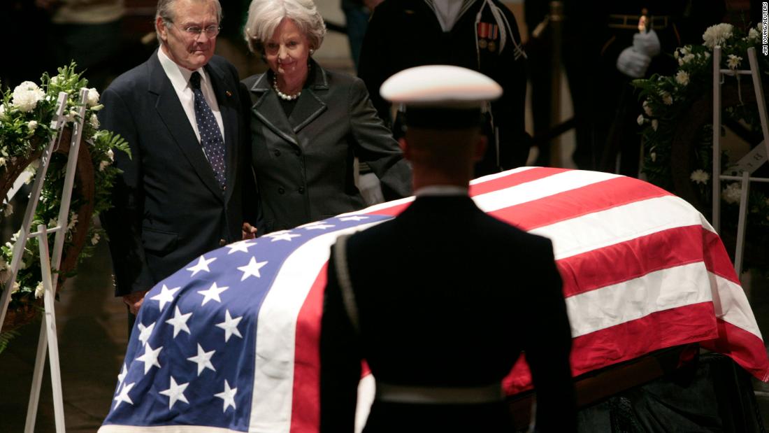 Rumsfeld and his wife, Joyce, pay their respects to former President Gerald Ford inside the US Capitol Rotunda in 2007.