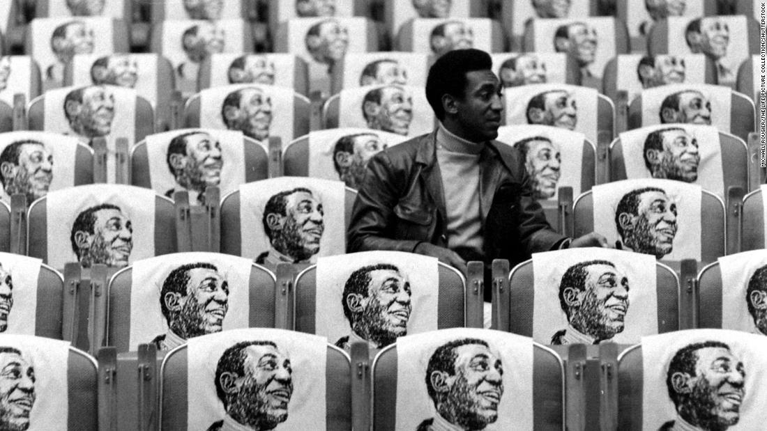 Chairs have Cosby&#39;s face on them at a press conference in Las Vegas in February 1968.