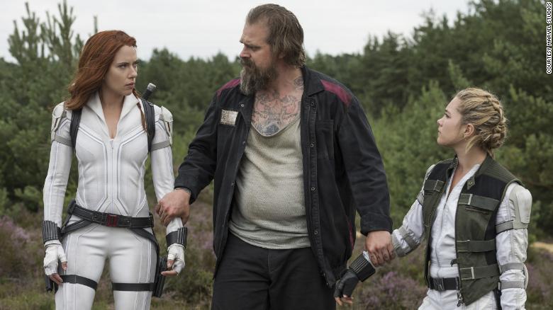 Scarlett Johansson, David Harbour y Florence Pugh en 'Black Widow' de Marvel.