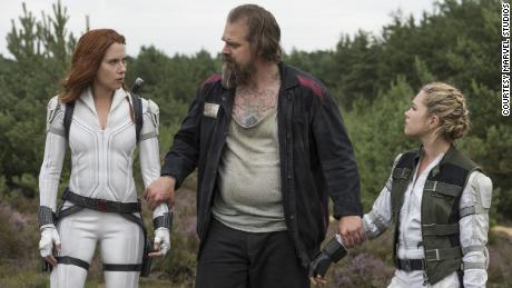 Scarlett Johansson, David Harbour and Florence Pugh in Marvel&#39;s &#39;Black Widow.&#39;