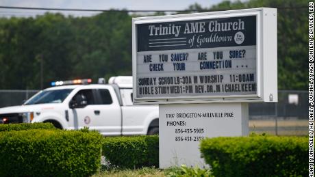 A church sign located across the street from a home where a mass shooting took place in Fairfield Township, N.J.